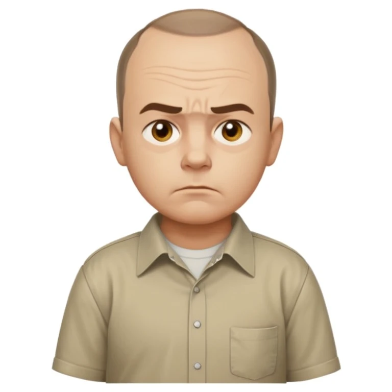 Carl from Sling Blade, serious expression, recognizable features, chin sticking out, slouching posture, no glasses, shirt with collar, front view, entire body visible, standing, head sticking forward, emoji style emoji