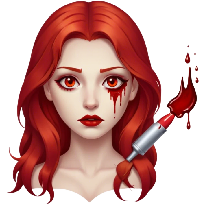 a woman with long red hair and red eyes. She have red lipstick. blood on face and metaphorical chest emoji