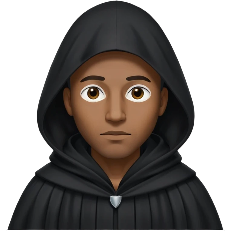 Black man wearing long black robe with tall, pointed hood. Entire face fully covered by black cloth, no facial features visible, only two small eye holes cut into the fabric. emoji
