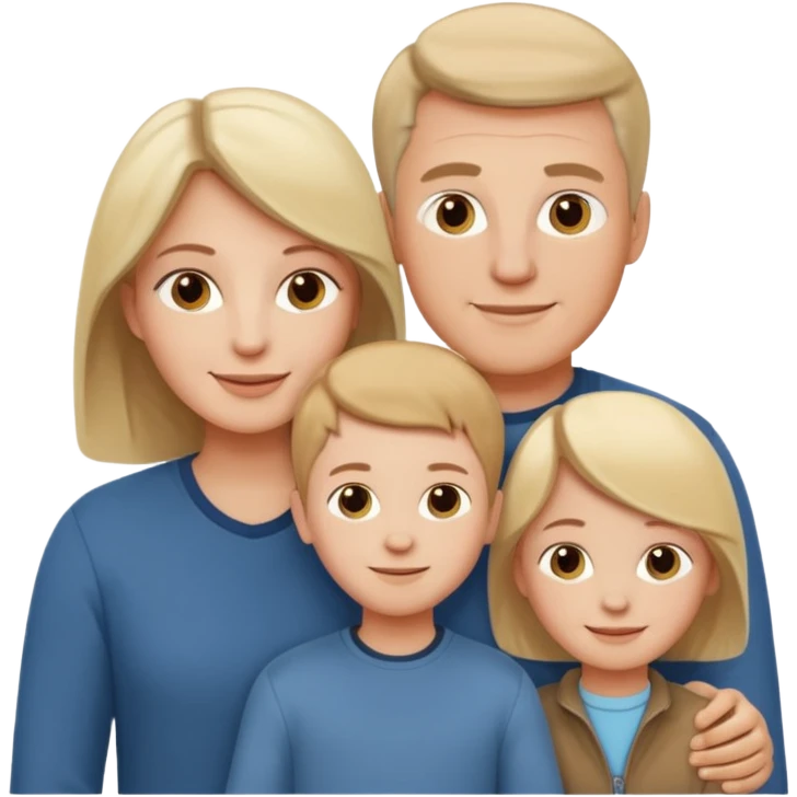 white family emoji: family of three, parents flanking child, all smiling, warm, casual modern clothes emoji