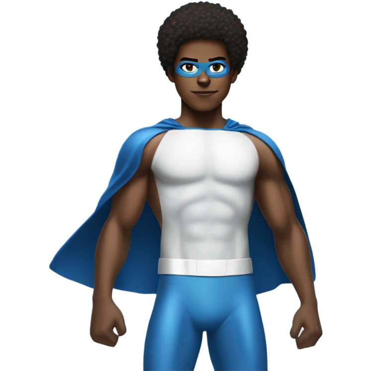 A full body Muscular Afro teenage boy in a Blue Mr. Fantastic superhero costume with a backward number 4 on the chest. emoji