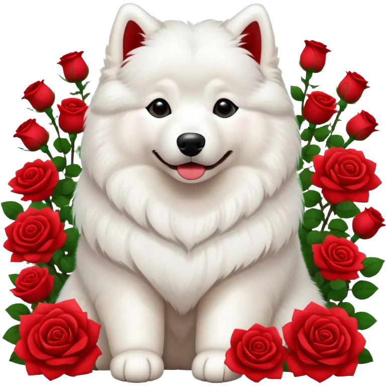 samoyed sitting surrounded by red roses emoji