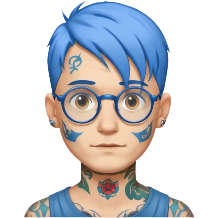 man with blue hair, round glasses, neck tattoo emoji