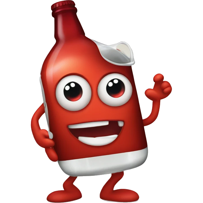 A red heart ❤️ with eyes, a mouth, and hands, tipsy and drunk, holding a bottle, looking wobbly and playful emoji