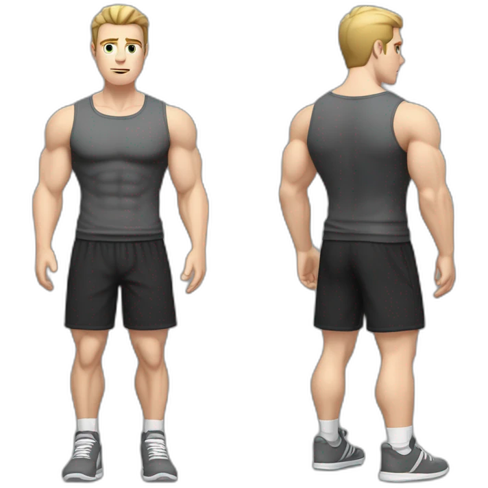 Confused Pale skinned Fit Man With the biceps and dark brown hair in black shirt, gray sports shorts and white Sneakers emoji