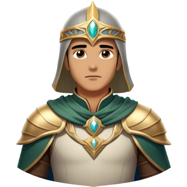 An icon featuring a hero with a closed visor, standing in a majestic, mystical landscape, inspired by RPGs like Elden Ring. The design includes a stunning, ethereal background with towering castles and distant mountains, symbolizing the adventure and mystery. Transparent background emoji
