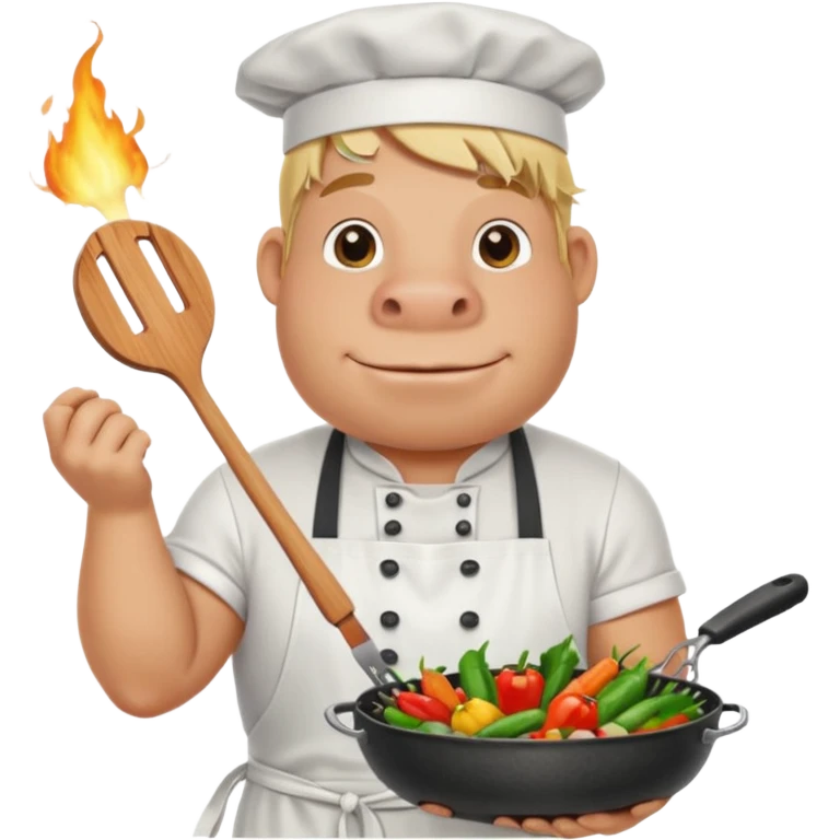 hippo man with tied blond hair and and a white apron grilling vegetables on a sizzling grill emoji