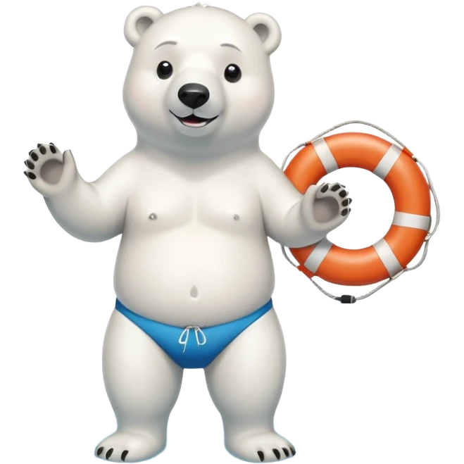 full body friendly anthropomorphised polar bear wearing swim shorts, life buoy around waist, swim goggles, standing with water pooled around feet emoji