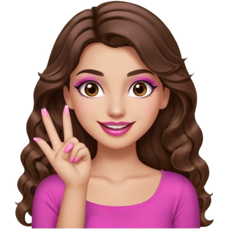 girl with long wavy brown hair, brown eyes, long lashes makeup, sexy pink lips, light to medium complexion, pink sexy top, smiling, hand by the cheek snapping fingers emoji