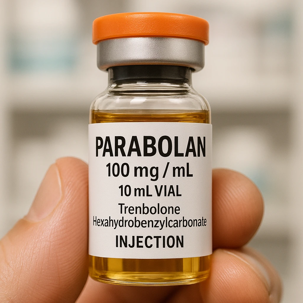 Create a realistic zoomed-in image of the vial with clear details of the vial and the label. The label should have the name 'Parabolan' clearly readable. The background should be neutral or a blurred pharmacy setting. Focus on realism and clarity of the vial and label. emoji