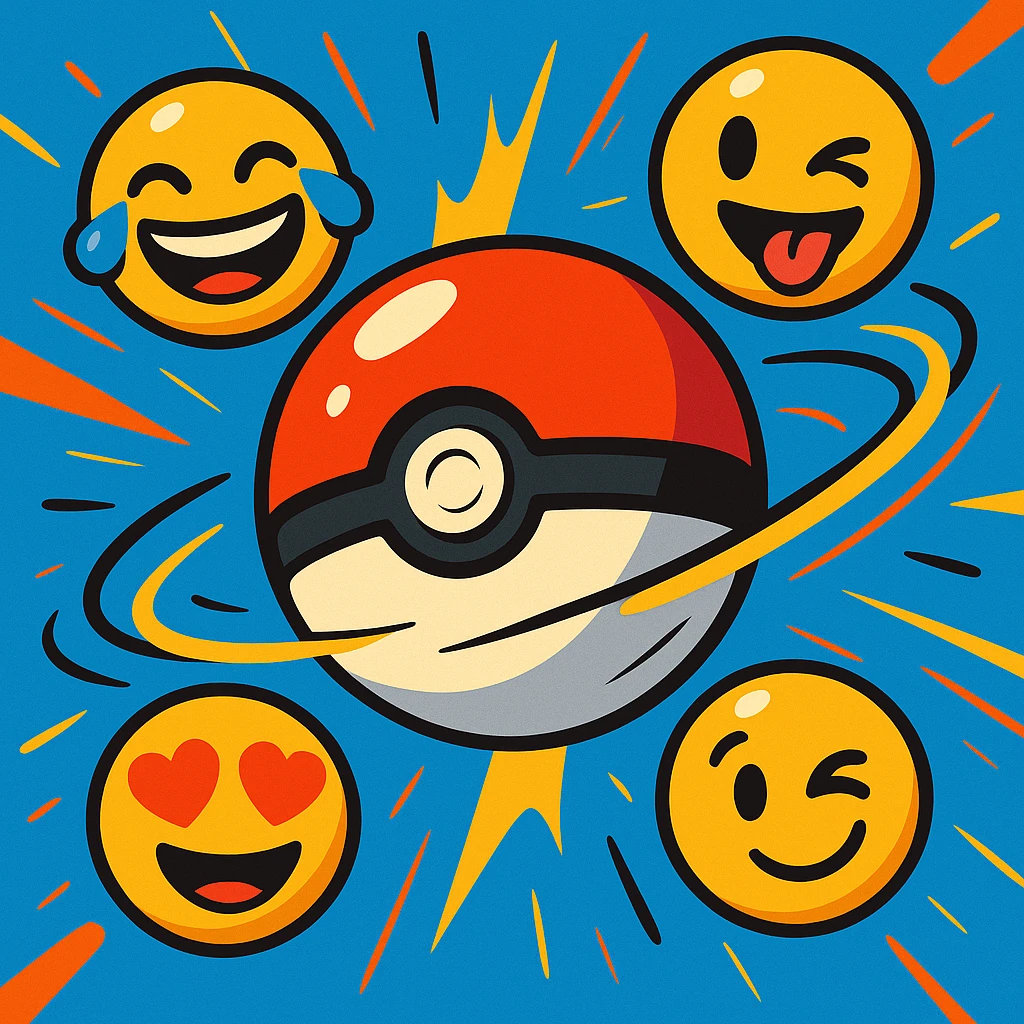 A Poké Ball with multiple colorful emojis such as laughing, winking, heart eyes orbiting around it, dynamic animated cartoon style with movement effects emoji