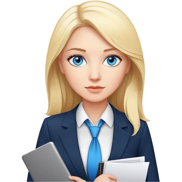 Blonde woman with blue eyes and large breasts, wearing a business suit with a bold neckline. Confident and cold. Foreign Trade Manager with a laptop or documents in hand. Smart, sexy, in control. emoji