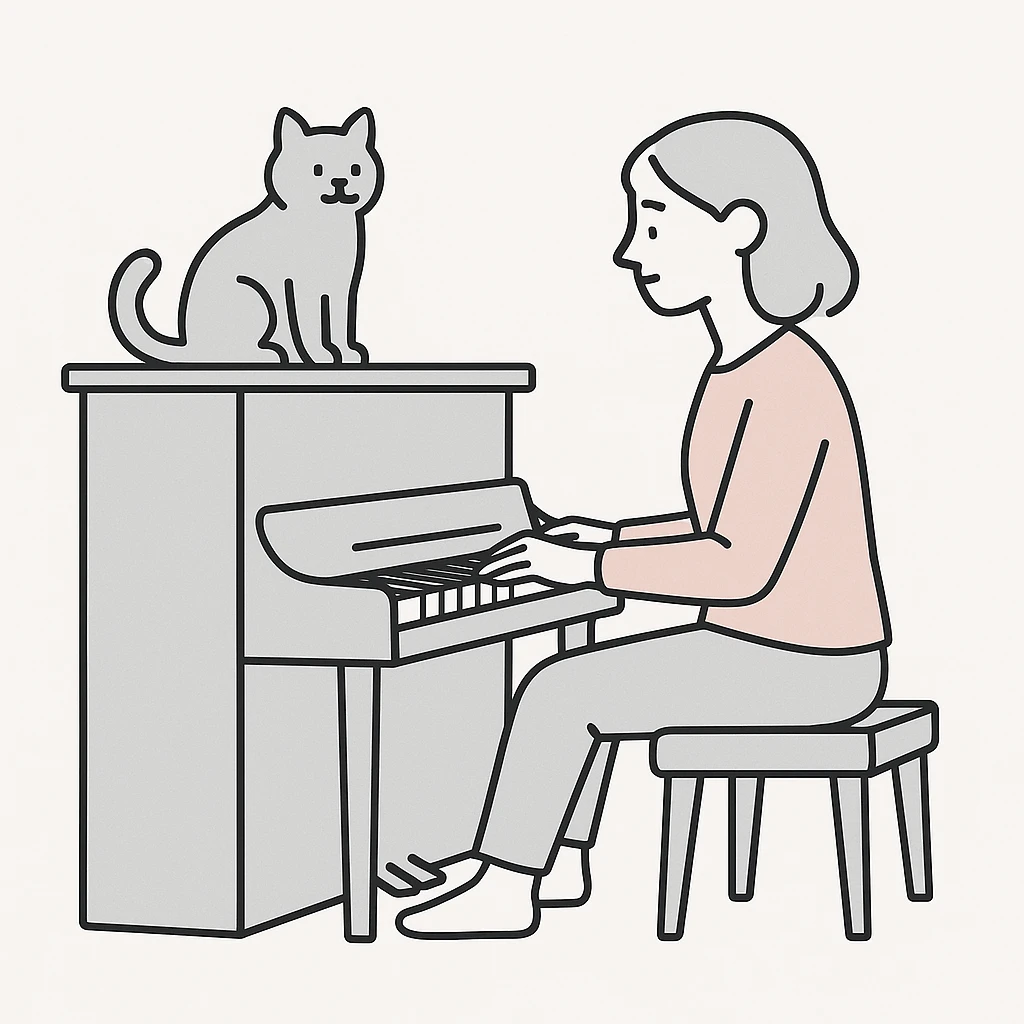 woman playing piano while her cat sits on top of the piano emoji