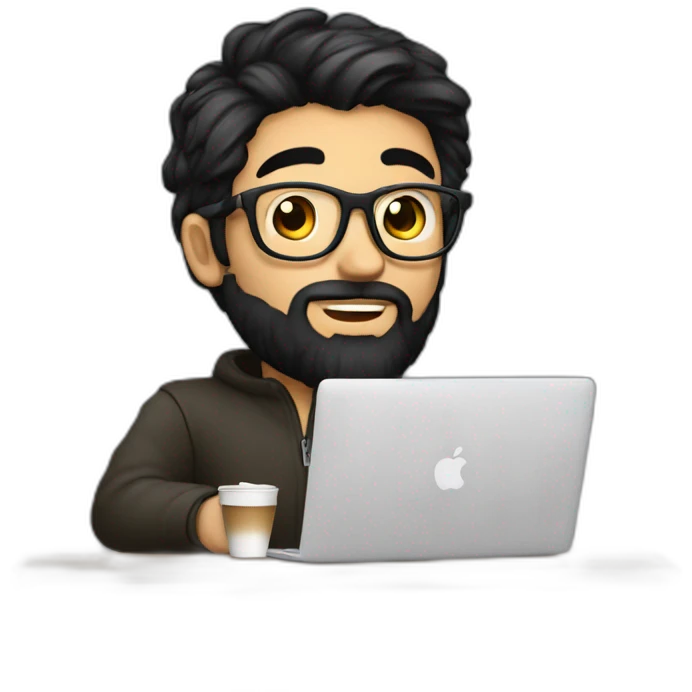 Designer with black hair, beard and glasses working with MacBook and drinking cappuccino  emoji