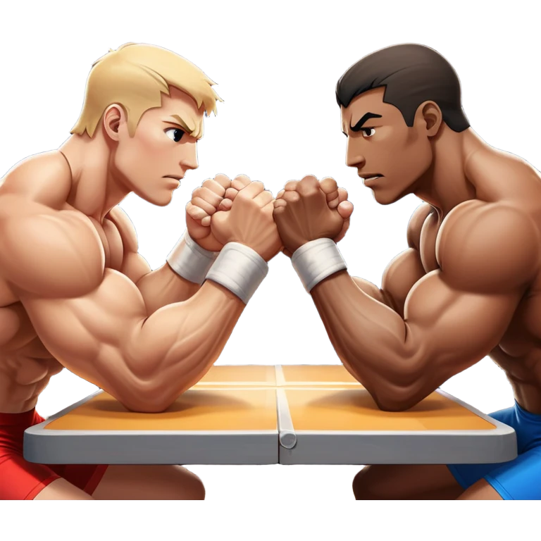 Two athletes engaged in an intense arm wrestling match, their muscles straining as they battle for dominance. The scene captures the powerful clash of strength, with close-ups on the hands locked in a firm grip, sweat glistening under bright lights. The background features a wrestling table. emoji