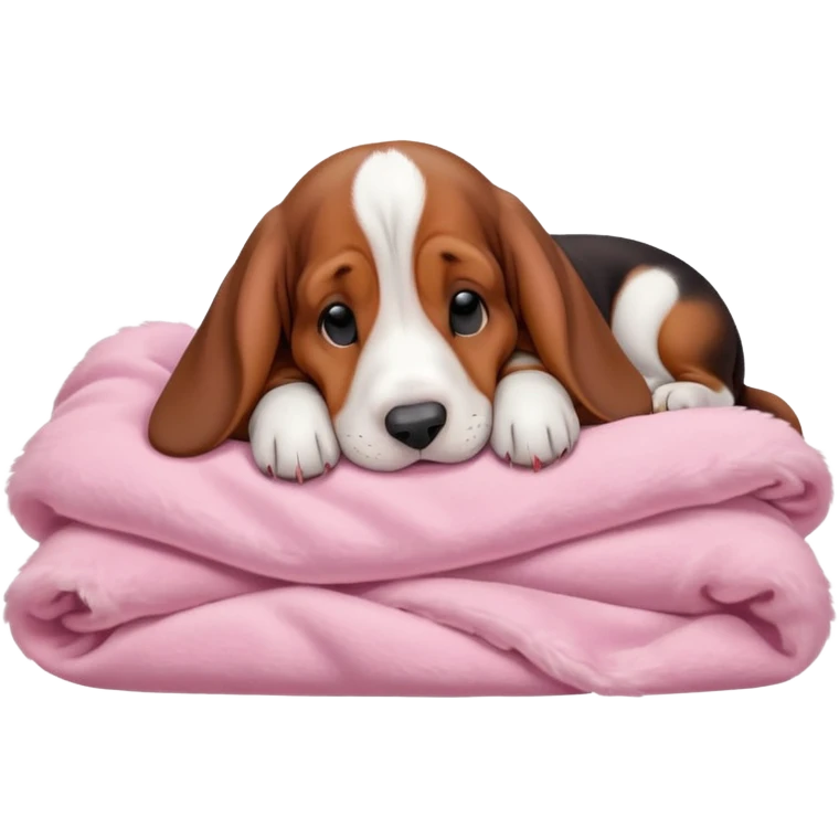A baby basset hound sleeping on a baby pink blanket  emoji
