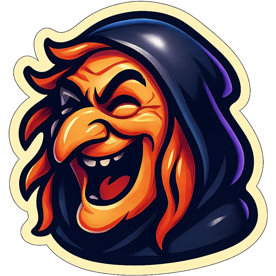cartoon emoji of cackling witch with hooked nose, wild hair, dark hood, fun expressive style emoji
