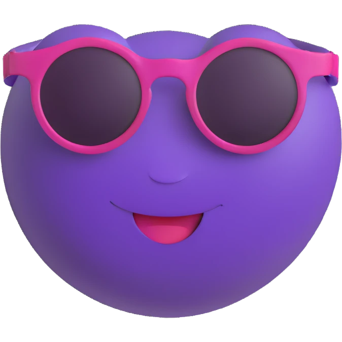 3D smiley emoji, round shape, purple color, with text 'szabi', wearing sunglasses, relaxed face emoji