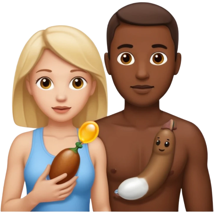A white woman next to a dark man holding his penis and balls with semen emoji