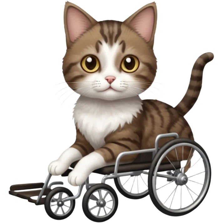full body small short hair dark brown and white cat with hazel eyes walking in a wheelchair for cats emoji