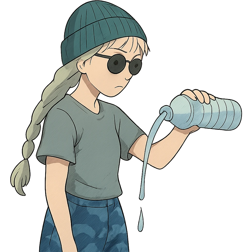 1 female, long white braid, knit cap, dark sunglasses, GRAY T-SHIRT, blue camo pants, POURING OUT A WATER BOTTLE emoji