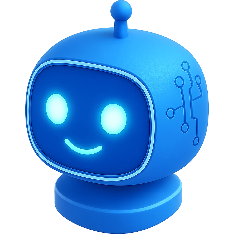 3D blue style AI robot head with glowing eyes and circuit details, modern and friendly, no text emoji