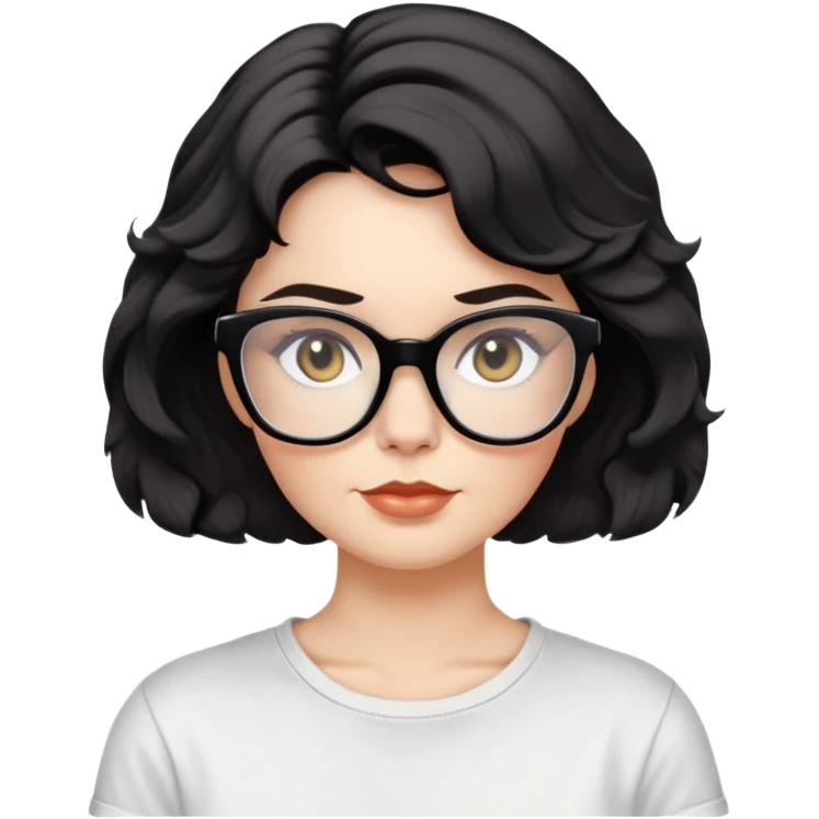 white woman about 50 years old with light warm skin, wide face, black wavy neck-length 80s short hair, low volume, neutral expression, large black shiny butterfly or cat-eye glasses, white casual t-shirt emoji