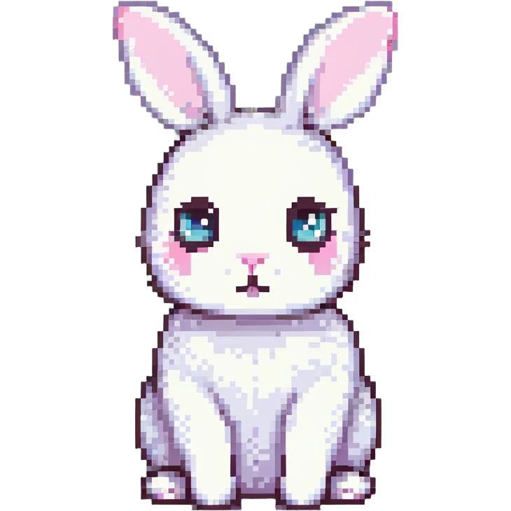 round white bunny with big eyes and a pink nose, sitting on green grass, pixel art, soft and gentle expression, simple 2D flat colors, no background except grass emoji
