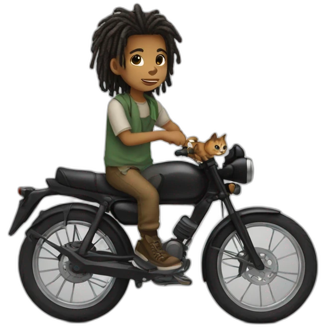 A boy with dreadlocks rides a cat emoji