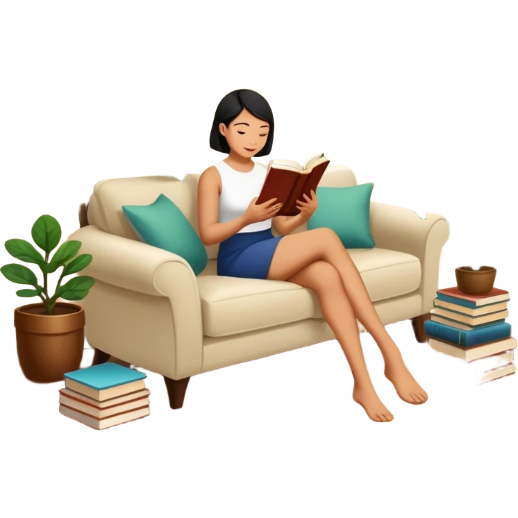 Asian woman is reading a book in the living room that crowded Fiddle Fig and tons of books emoji