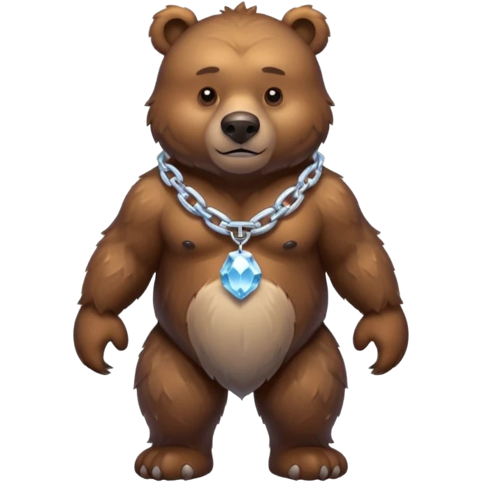 Fierce brown bear walking on four paws with an ice chain necklace, frozen chain links made of crystal clear ice, serious face emoji