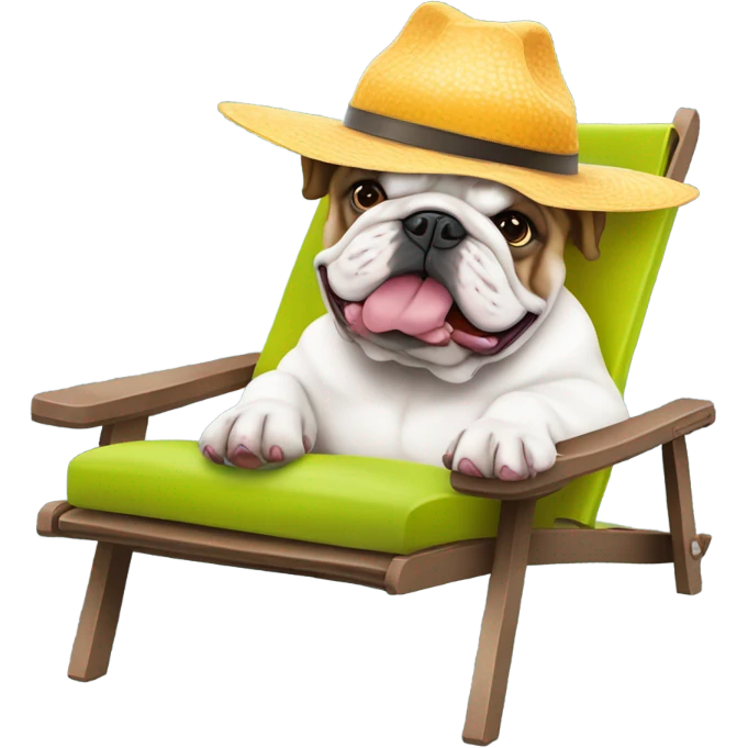 English bulldog sitting in a lawn chair, wearing a wide brim hat and drinking a fruity cocktail  emoji