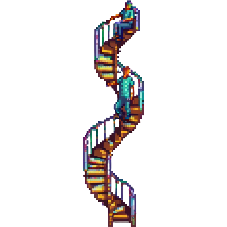 pixel art showing a surreal hybrid of a human and a staircase, with the staircase spiraling around or through the person’s body emoji