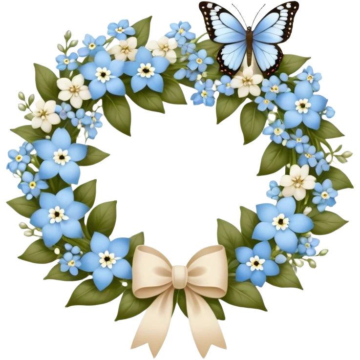 A delicate floral wreath woven from baby blue forget-me-nots and white jasmine, tied together with a velvet ribbon in creamy beige. A pearl-colored butterfly with intricate, lace-like wings rests atop the wreath, completing the picture of timeless elegance emoji