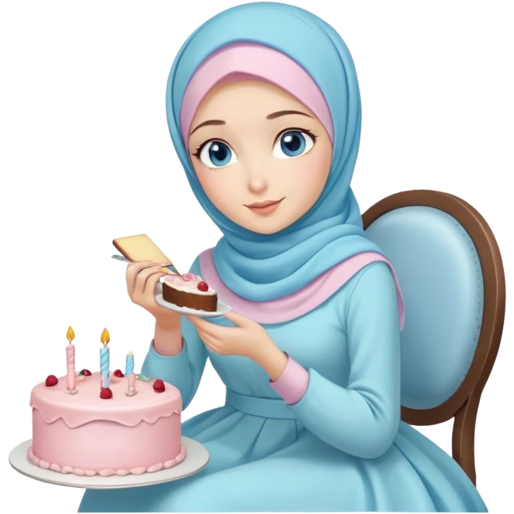 Turkish beautiful finish Konya girl blue eyes with pastel hijab long tail dress and sits on the chair and holds cake with her hand  emoji