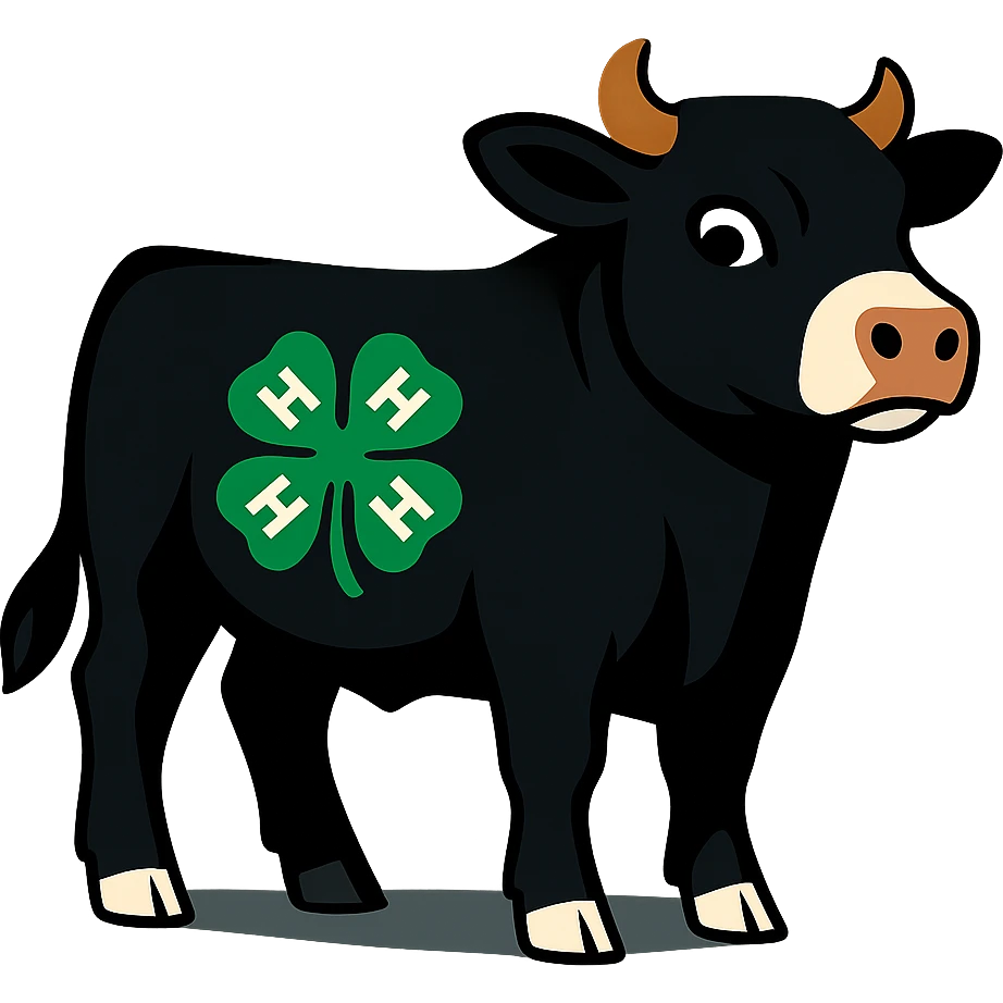 cartoon style 4-H black show steer with a green 4-H clover badge emoji