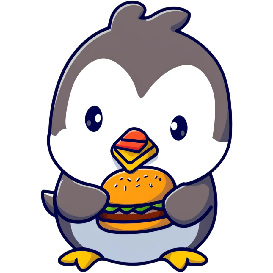 penguin eating a large hamburger emoji