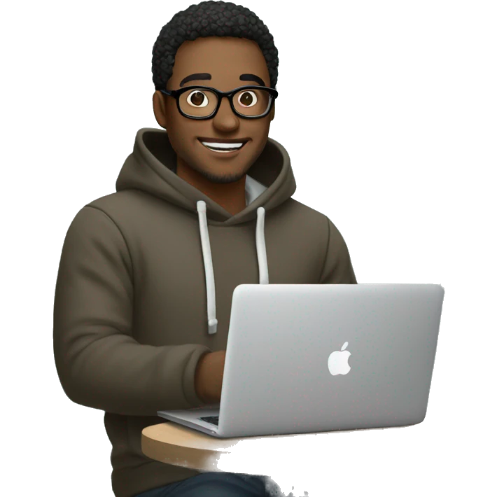 a designer in glasses and a hoodie holds a mac book in his hands emoji