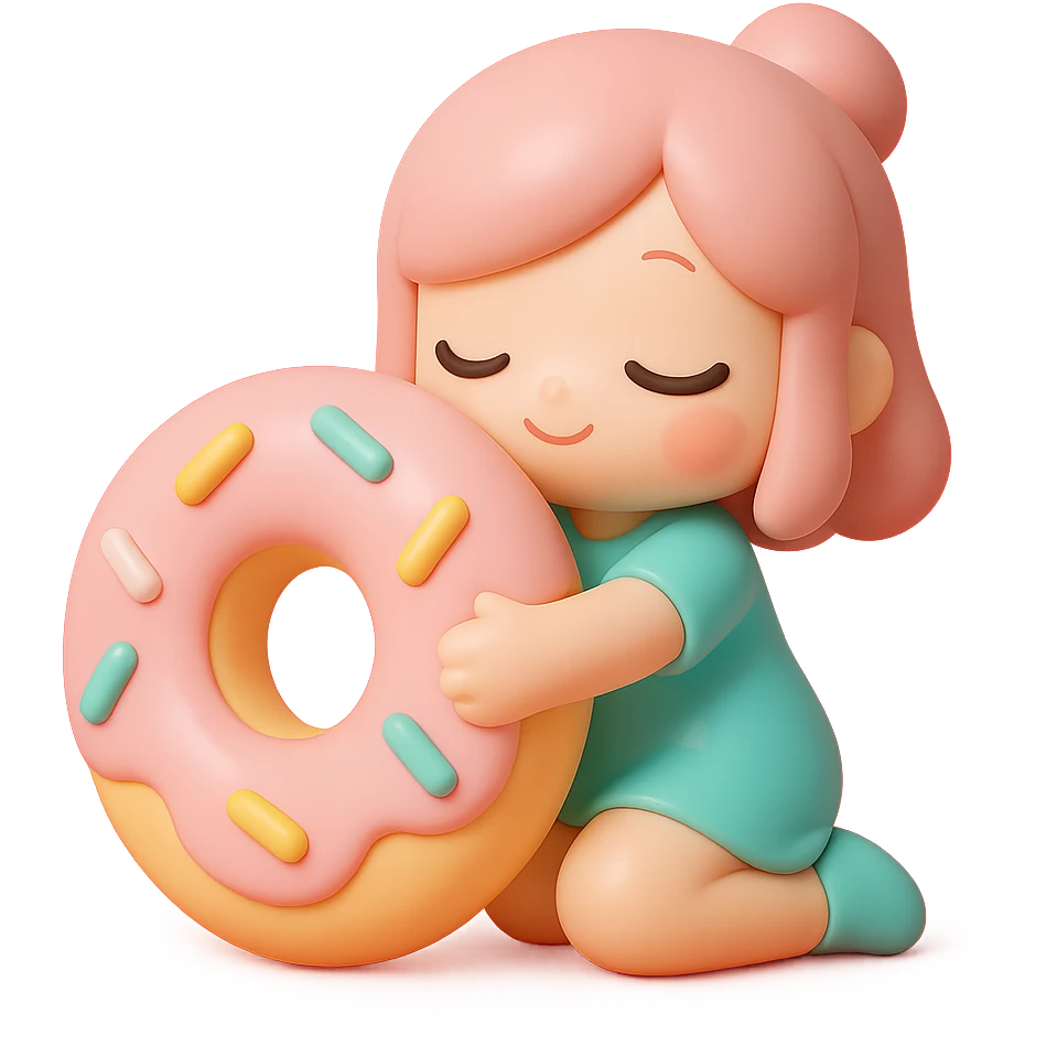 vinyl figure style chibi girl hugging giant donut with sprinkles emoji