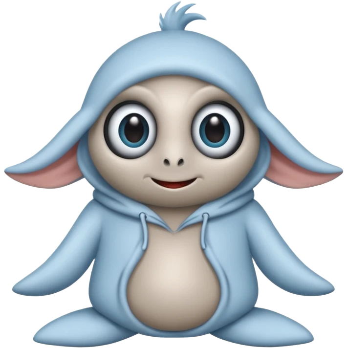 No head..it has 1 eye....stands upright ...wears clothing. is light grey and light blue..looks happy and cuddly... doesnt have a full head.... there is a appendage coming out of top of body with a single large eye emoji