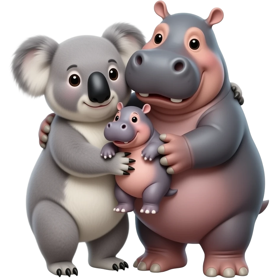Koala and hippo holding their one baby hippo Together in both of their arms hugging emoji family realistic real emoji not cartoon cuddle emoji