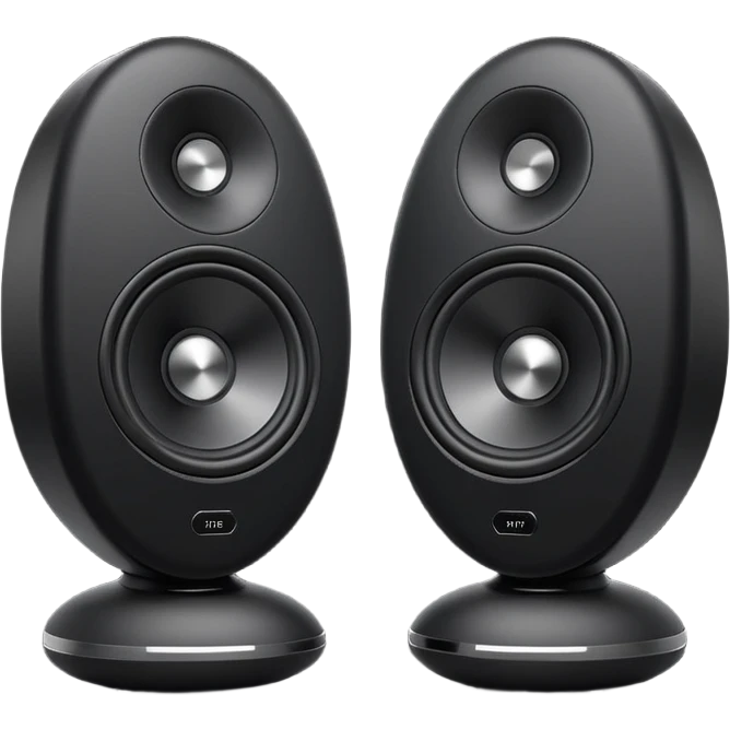 pair of big speakers emoji, deep matte black metal body, circular speaker cones with subtle depth, smooth rounded edges, minimalistic futuristic 3D style, luxury aesthetic emoji