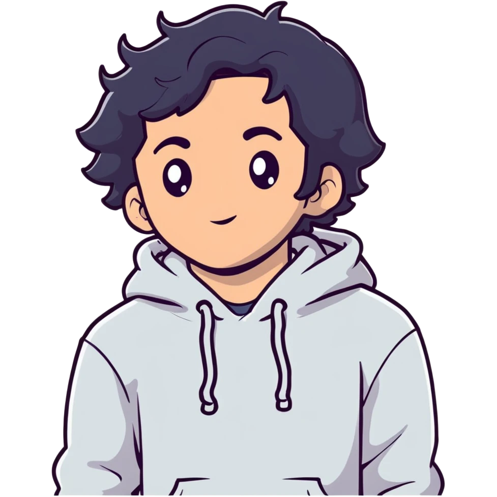 handsome young man with wavy black hair, black eyes, no beard or mustache, wearing a white hoodie, cartoon sticker style emoji