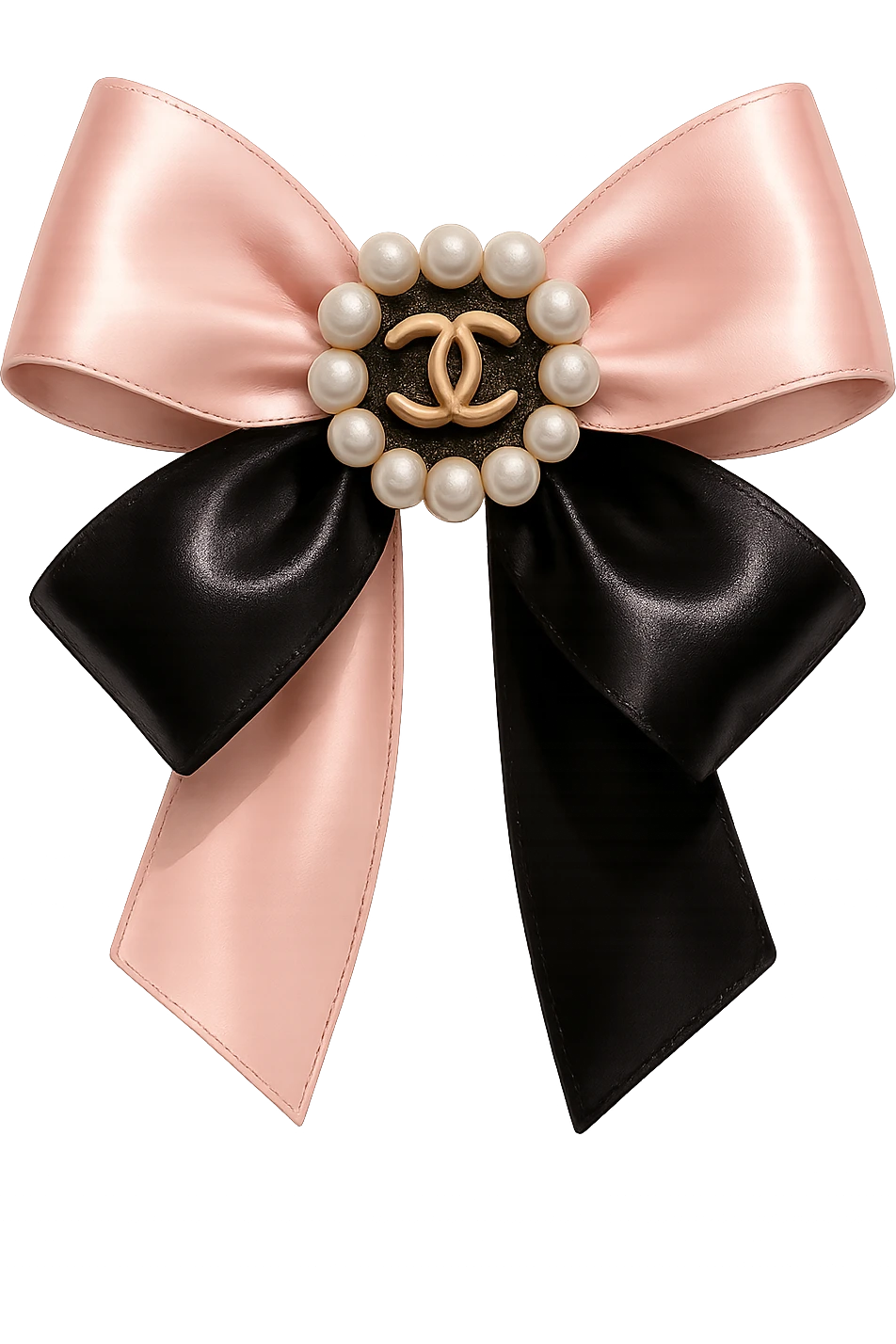 Remove the background, keep only the elegant bow with pearls and gold Chanel logo, glossy, pastel colors, realistic style, with no background. black pink emoji
