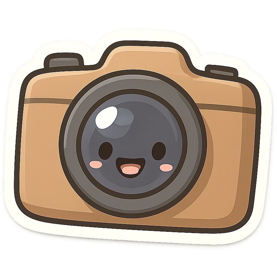 chibi sticker-style camera with a smiling face, cute and exaggerated emoji
