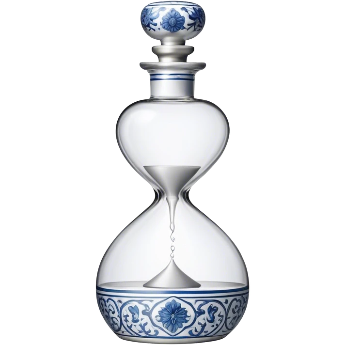 blue and white, intricate, porcelain, hourglass shaped tequila bottle with silver half circle top emoji