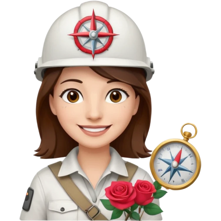 Arquitecta ojos marrones oscuros pestañas pelo marron por los hombros sonrie casco blanco compás y rosa emoji