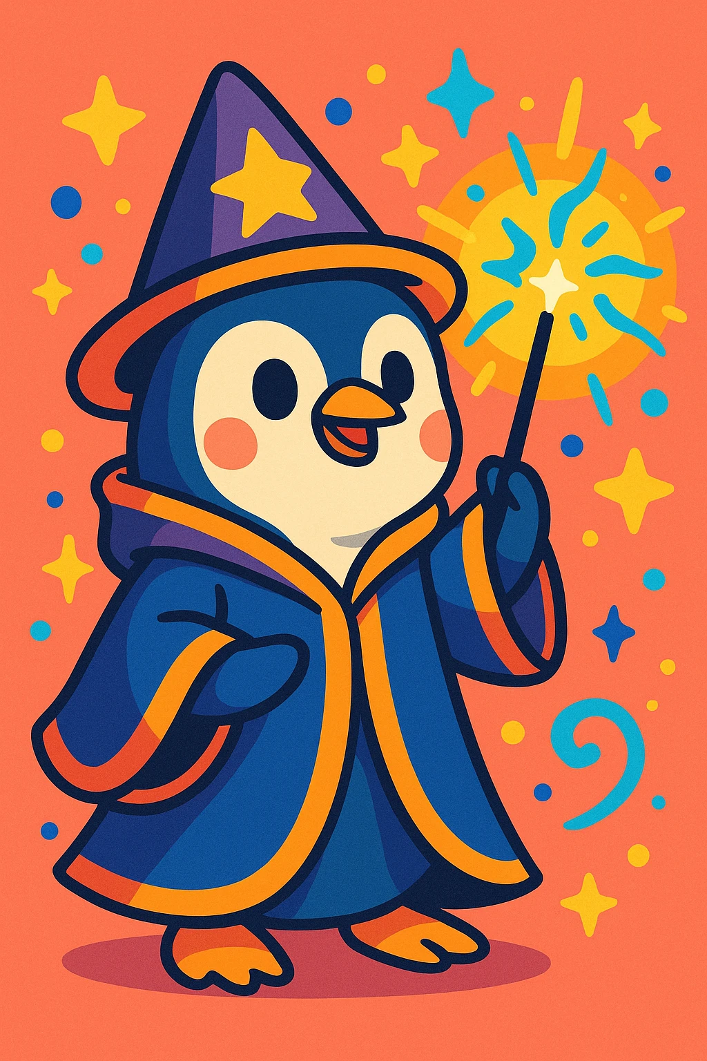 cute penguin wizard casting a spell, wearing a robe and holding a wand, colorful cartoon style emoji