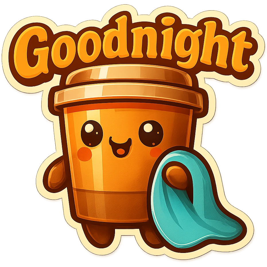 Tall coffee cup, holding a blanket, big "Goodnight" emoji