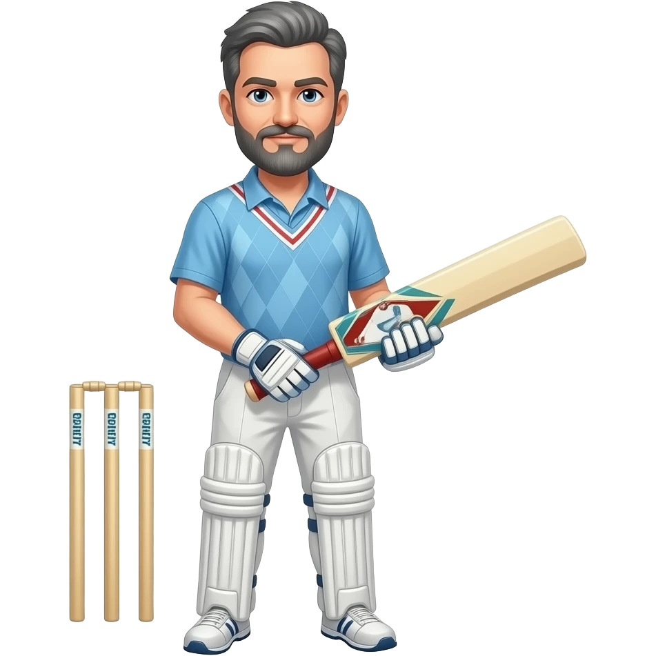 A stern bearded man, short gray hair, holding cricket bat emoji